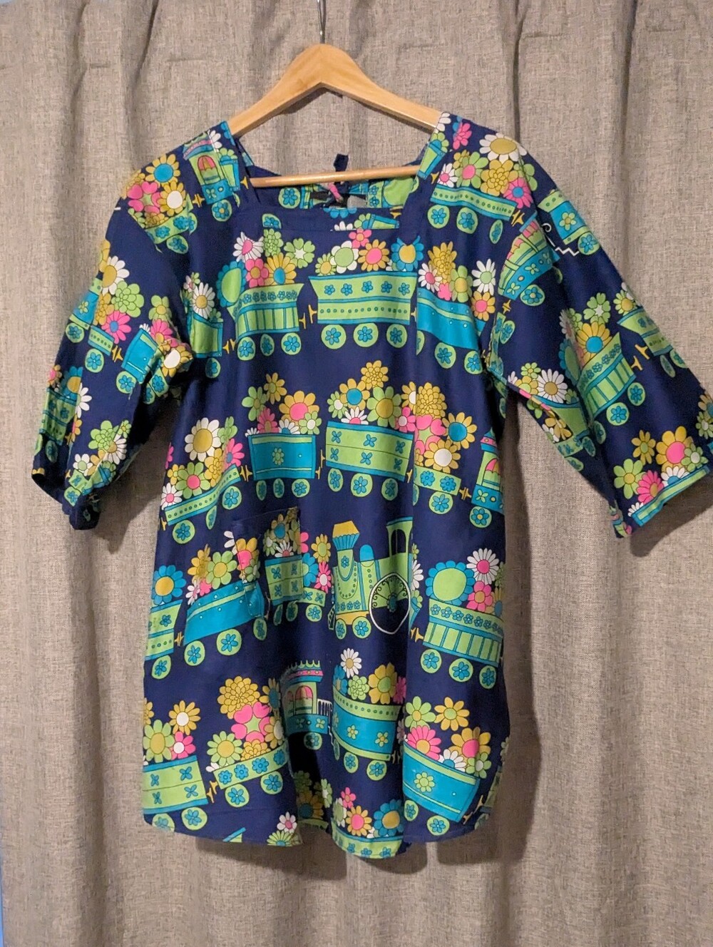 Vintage Design House Tie-Back Smock Dress Retro Floral Train Print